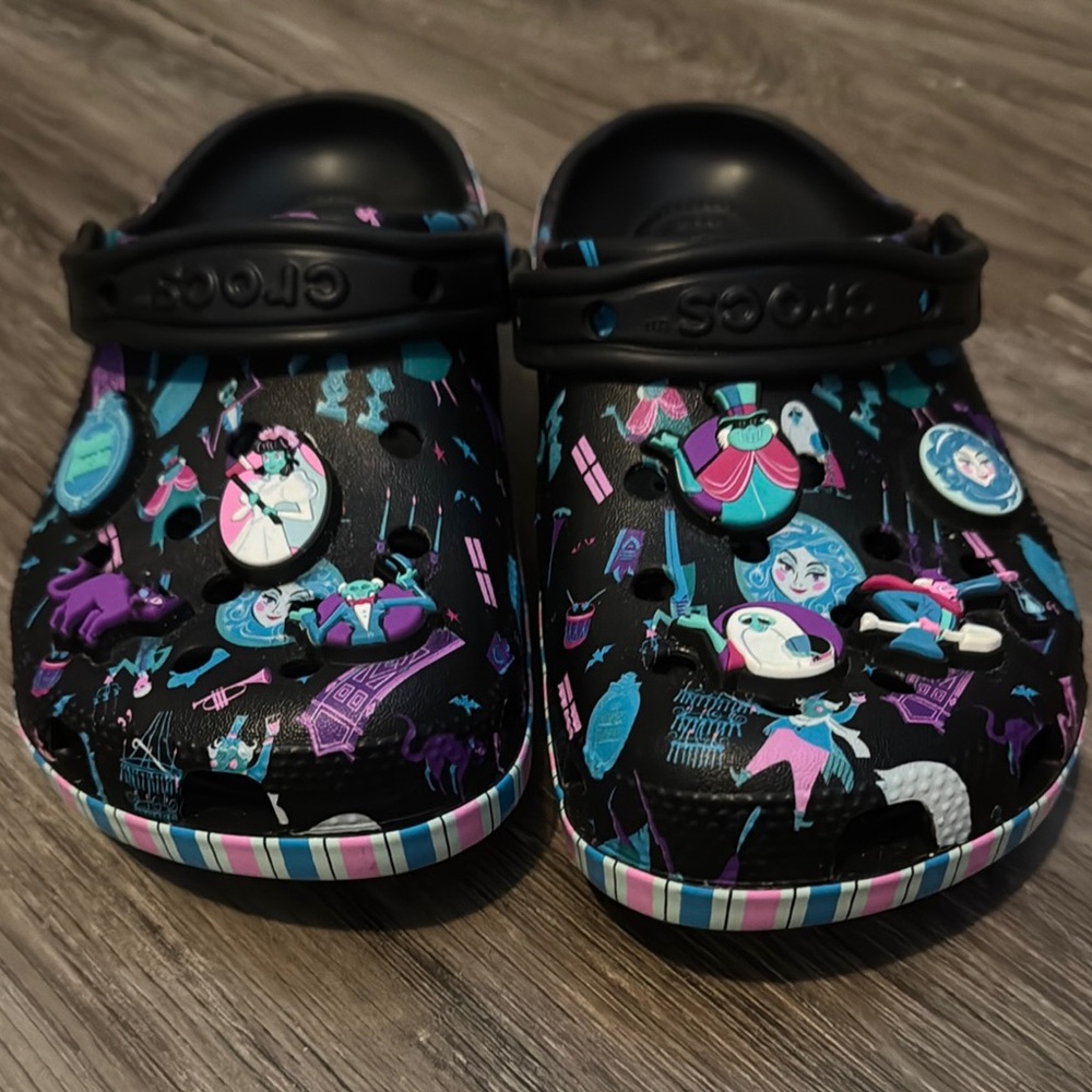 Colorful Graphic Clogs- Disney haunted mansion crocs with croc charms